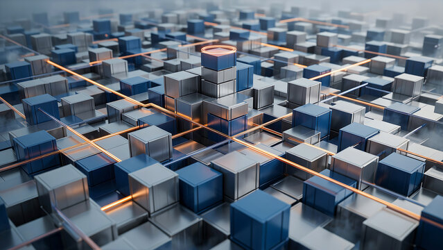 Futuristic 3D rendering of a massive grid structure composed of blue and metallic silver data cubes interconnected by glowing neon orange lines for server farm computer tech concepts
