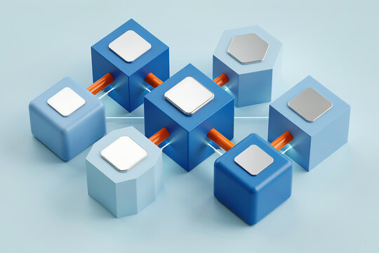 Conceptual 3D rendering of interconnected blue geometric cubes and hexagons representing blockchain technology decentralized network database and digital data structure