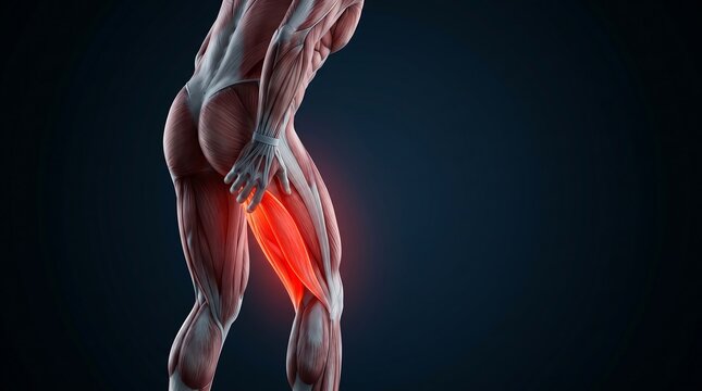 Human Hamstring Muscle Anatomy Showing Pain and Inflammation, for human muscular system education.