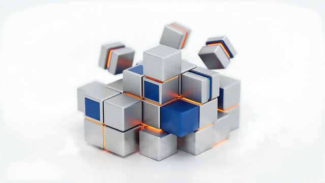 Abstract 3D rendering of exploding metallic data cubes with glowing neon orange energy core and blue panels representing data deconstruction or database reorganization