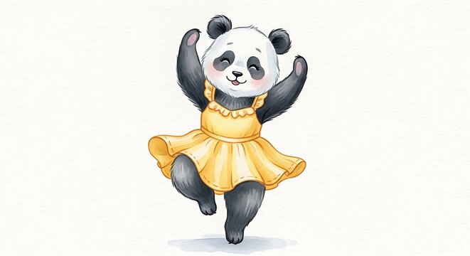 Cute cartoon panda bear dancing happily in a yellow dress