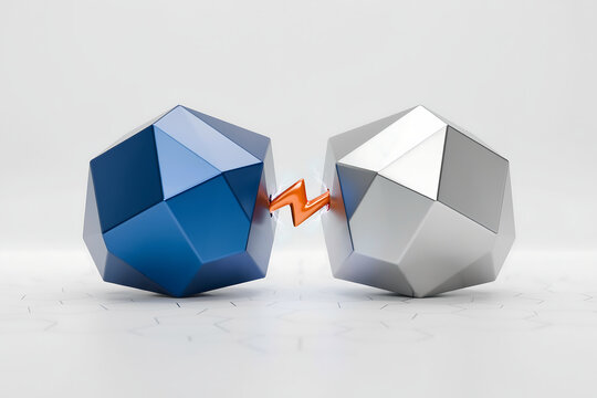 Strategic partnership integration and corporate merger energy concept with two abstract 3D metallic blue and silver polyhedron geometric blocks connected by glowing orange spark