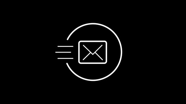 Clean minimalist white line art animation of an with speed motion lines inside a circle, visualizing express delivery, fast email messaging,and digital communications on a solid black background.