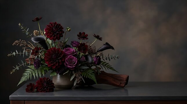 A bouquet of red and purple flowers in a vase on a table with a gun