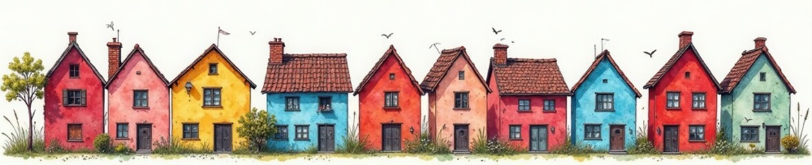 Fototapeta premium Charming sketched houses, forming a continuous pattern , abstract, wallpaper