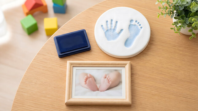 Baby hand and foot prints in clay mold alongside framed photo on wooden table with toys and plants
