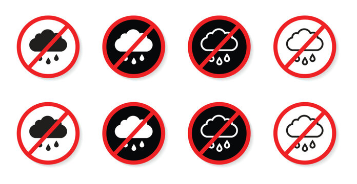 No rain or no wet weather prohibited with rainy cloud icons for warning and safety signs. circle symbol with red, black and white colorful icons. vector illustration.
