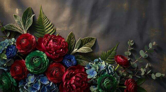 Vibrant bouquet of red, green, and blue flowers with lush leaves on dark background
