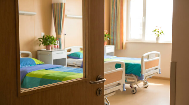 Hospital ward with two patient beds and window view showing bright interior and medical equipment