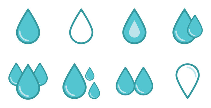 Blue water drop icons with outline style and ecosystem, pure water, and weather design. can be used for water tracking, skincare product and sanitation etc. vector illustration.