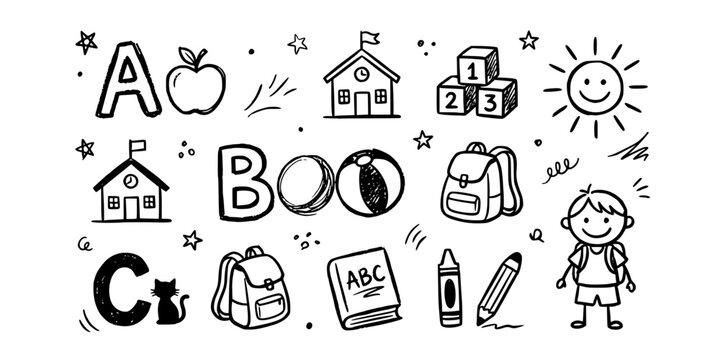Kindergarten Classroom Doodle Black White-Alphabet Crayon Drawing Early Learn-Childhood Vector-Kinder Icon Doodle-Education Design Set