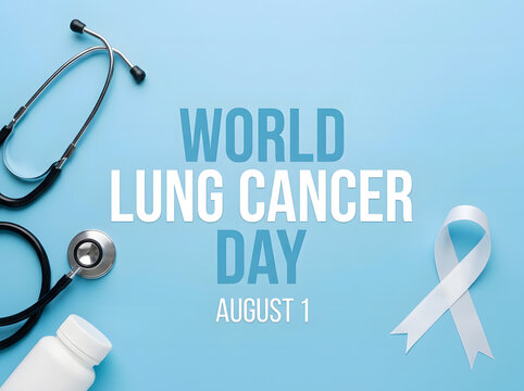 World Lung Cancer Day Awareness Campaign with Stethoscope and White Ribbon on Blue Background