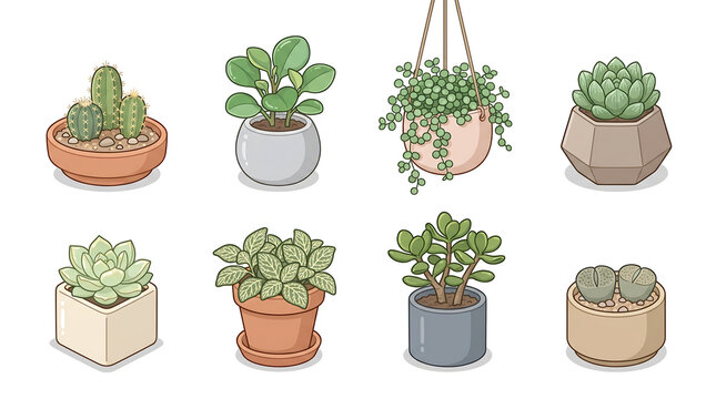  Clean minimalist vector-style illustration of eight small desk and tabletop indoor plants arranged in two neat rows of four on white background