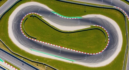 Naklejka premium Aerial view of a winding asphalt race track curve featuring vibrant green grass borders and red white curbing markings captured during a bright sunny day at a high speed circuit.