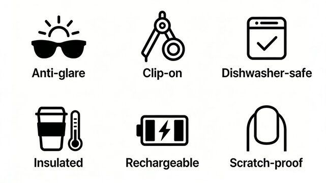 Six diversified daily performance icons represent the concept of anti glare, scratch resistant, insulation, and rechargeable, suitable for labeling household daily necessities.
