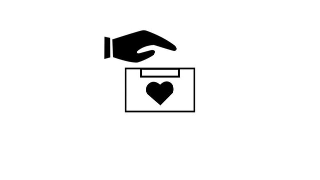 Animated hand putting coin into box white icon. Money donation animation.Financial donation icon animation.