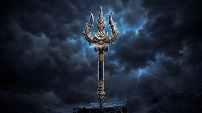 Ornate Trishul Trident Of Shiva On Rock Against Stormy Lightning Sky