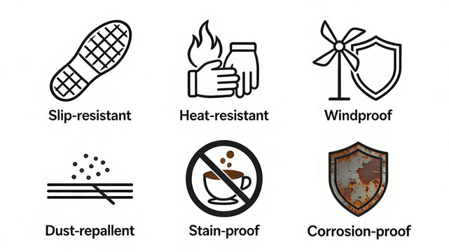 Six outdoor protection attribute icons represent the concept of anti slip, heat-resistant, dustproof, and anti-corrosion, suitable for labeling outdoor labor protection equipment.

