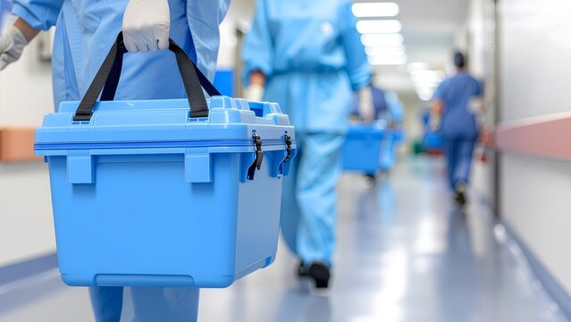 Healthcare professionals wearing blue scrubs carry specialized medical cooler boxes for organ or vaccine transport down a bright hospital corridor, focusing on emergency logistics