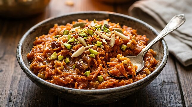 Close up of gajar ka halwa traditional Indian carrot pudding with pistachios.