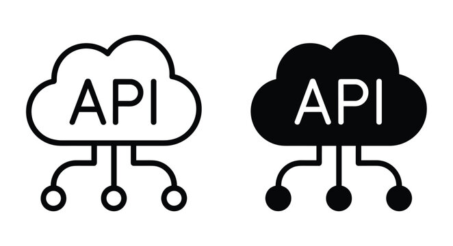 API Cloud Icons: Two stylized cloud icons, one outlined and one filled, both with API text and connecting lines, represent the concept of Application Programming Interface.
