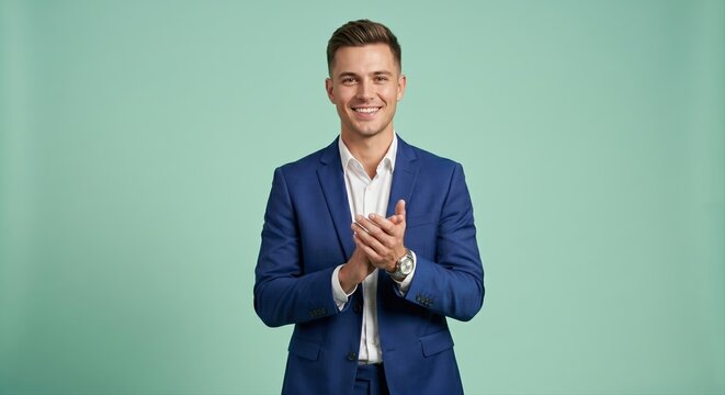 A smiling man in a blue suit and white shirt claps his hands together in a gesture of applause and positive reinforcement against a light green background