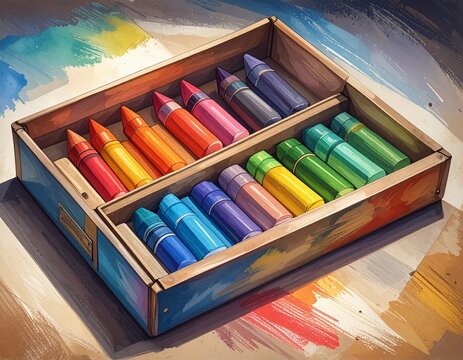 Colorful crayons in a divided box