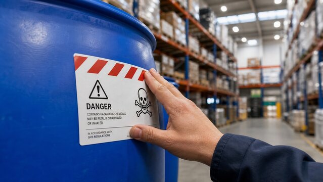 GHS hazardous chemical warning label on blue drum in warehouse