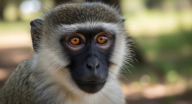 Close up portrait of a wild monkey with expressive orange eyes
