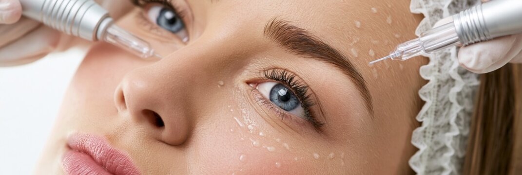 Closeup medium shot of a facial rejuvenation procedure highlighting cooling gel application and plasma pen treatment against a crisp white backdrop with soft highkey lighting.