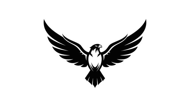 Powerful flying hawk or falcon vector emblem. Majestic bird of prey with spread wings, black and white wildlife illustration.