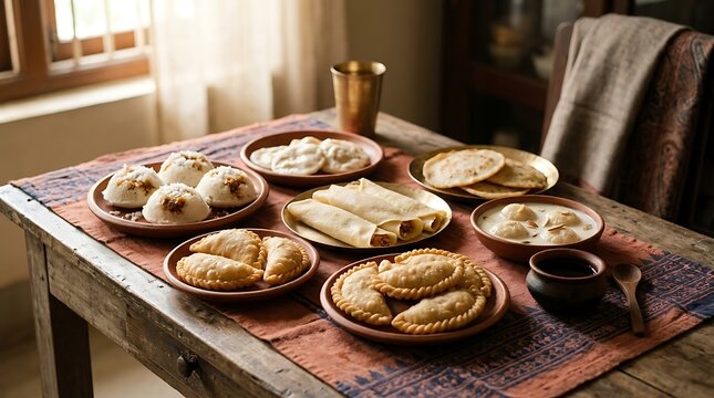 Variety of traditional bengali pitha sweets served on a wooden table with linen runner.