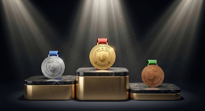 A tiered podium with gold silver and bronze medals presented on marble and gold bases under dramatic spotlight illumination with falling confetti