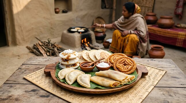 Bengali festive food platter with pitha sweets and woman cooking on clay stove.