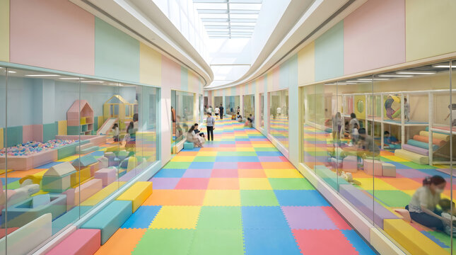 Colorful foam mat corridor with childrens play areas on both sides enclosed by glass partitions