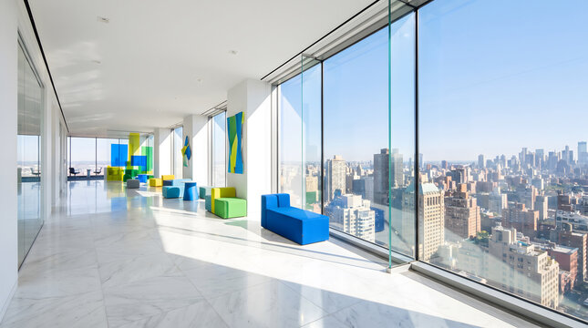 Modern office space with colorful sofas large floor to ceiling windows and cityscape view