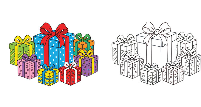 Colorful and black and white outline gift boxes with ribbons. Cartoon pile of presents line art vector illustration for kids coloring book page, birthday or holiday celebration design.