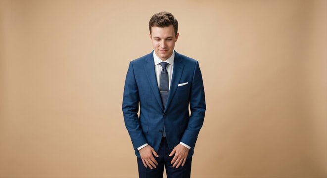 A young man in a vibrant blue suit and white shirt with a navy tie looks down with a gentle, polite expression, his hands resting at his sides against a warm beige studio backdrop