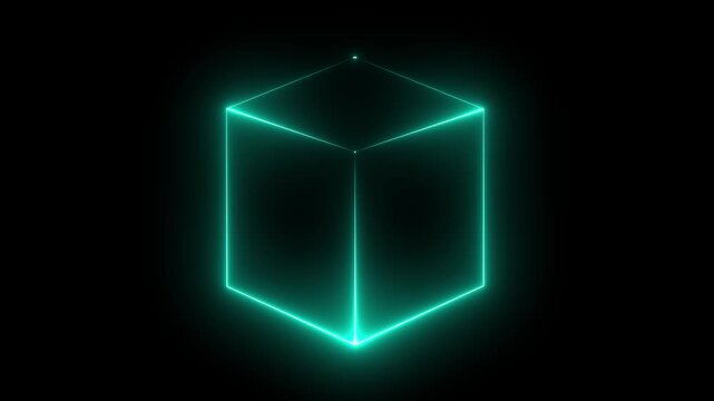 Abstract background, cube box with glowing neon lines on black background. Neon 3d square box stroke icon. Square box with bright.on a black backgraund.