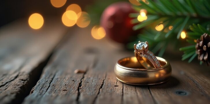 Elegant wedding ring displayed with Christmas decorations on weathered wood , rustic, background