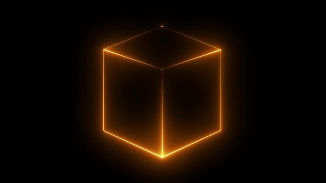 Abstract background, cube box with glowing neon lines on black background. Neon 3d square box stroke icon. Square box with bright.on a black backgraund.