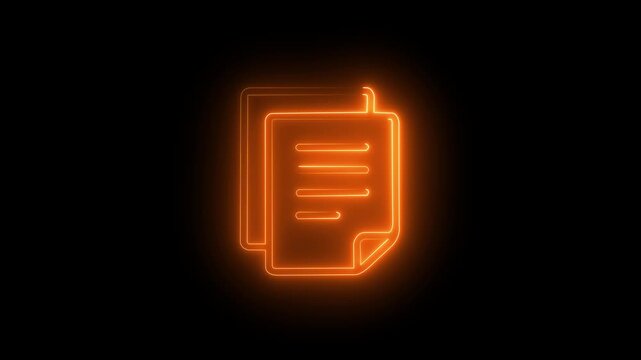 Illuminated neon document icon with glowing electric blue outline against black background.4k video animation.