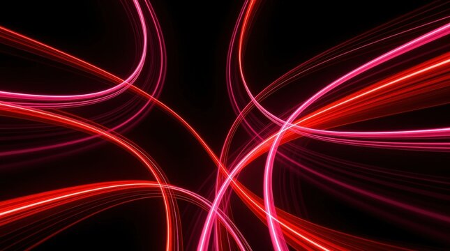Bright red and pink light trails create dynamic, curved patterns against a black background, forming an abstract, futuristic energy flow.