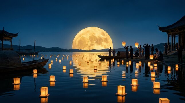 Mid-Autumn Festival Celebration with Floating Lanterns on Water Under Full Moon