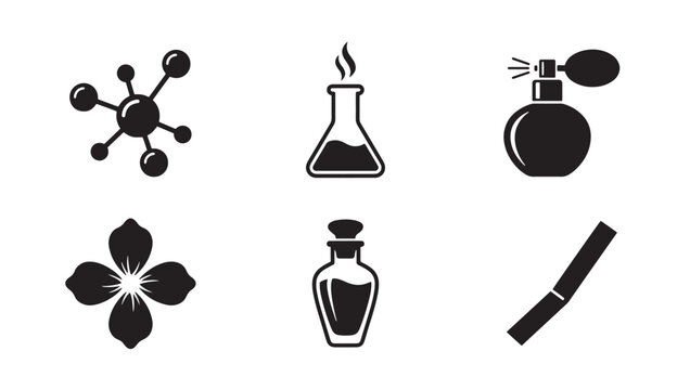 Beauty and laboratory icons collection featuring molecular structure conical flask perfume flower glass bottle makeup brush laboratory cosmetic chemistry molecule research experiment skincare