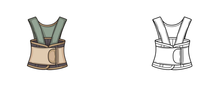 Orthopedic back support brace corset illustration in flat colored and black line art styles used for spine posture correction and protection