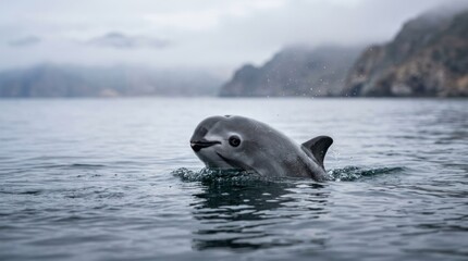 Fototapeta premium Dolphin Swimming in Ocean with Mountainous Landscape