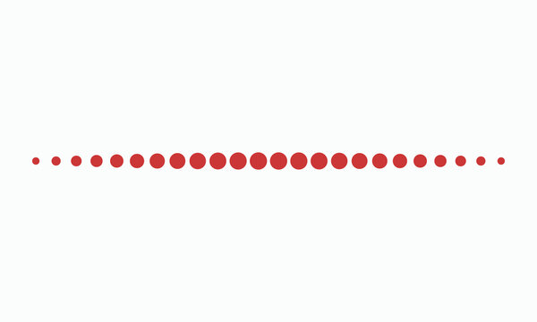 Horizontal line of red circles forming dotted divider on clean white background with varying sizes of round shapes in neat sequence for elegant typographic emphasis and decorative page layout elements