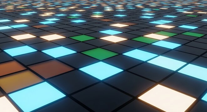 Abstract glowing disco dance floor with colorful illuminated square tiles