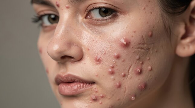 Close-up of a young woman's face showing severe acne with inflamed pimples, scars, and blemishes on her skin.